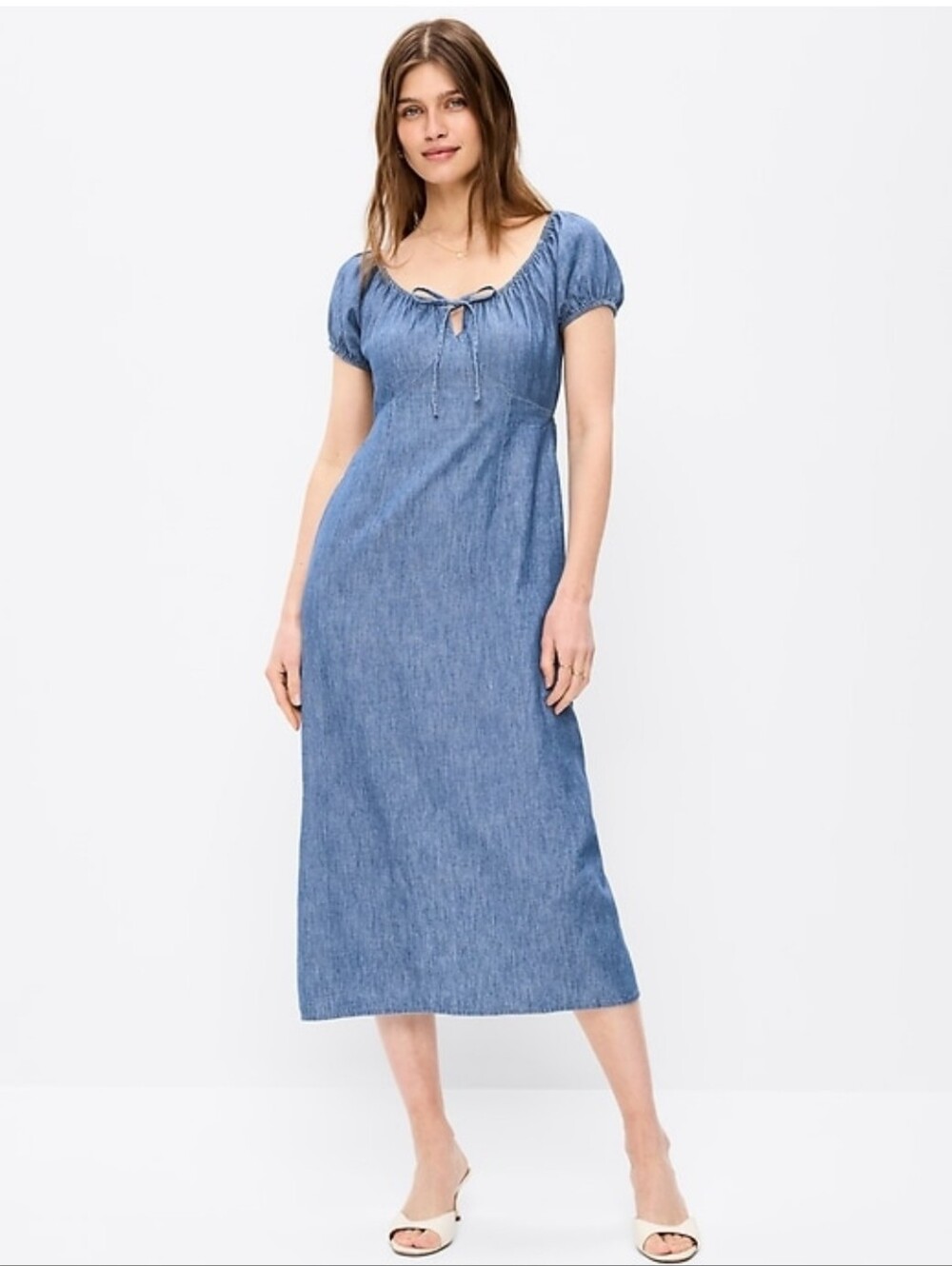 OLD NAVY Blue Chambray Midi Dress with Puff Sleeves